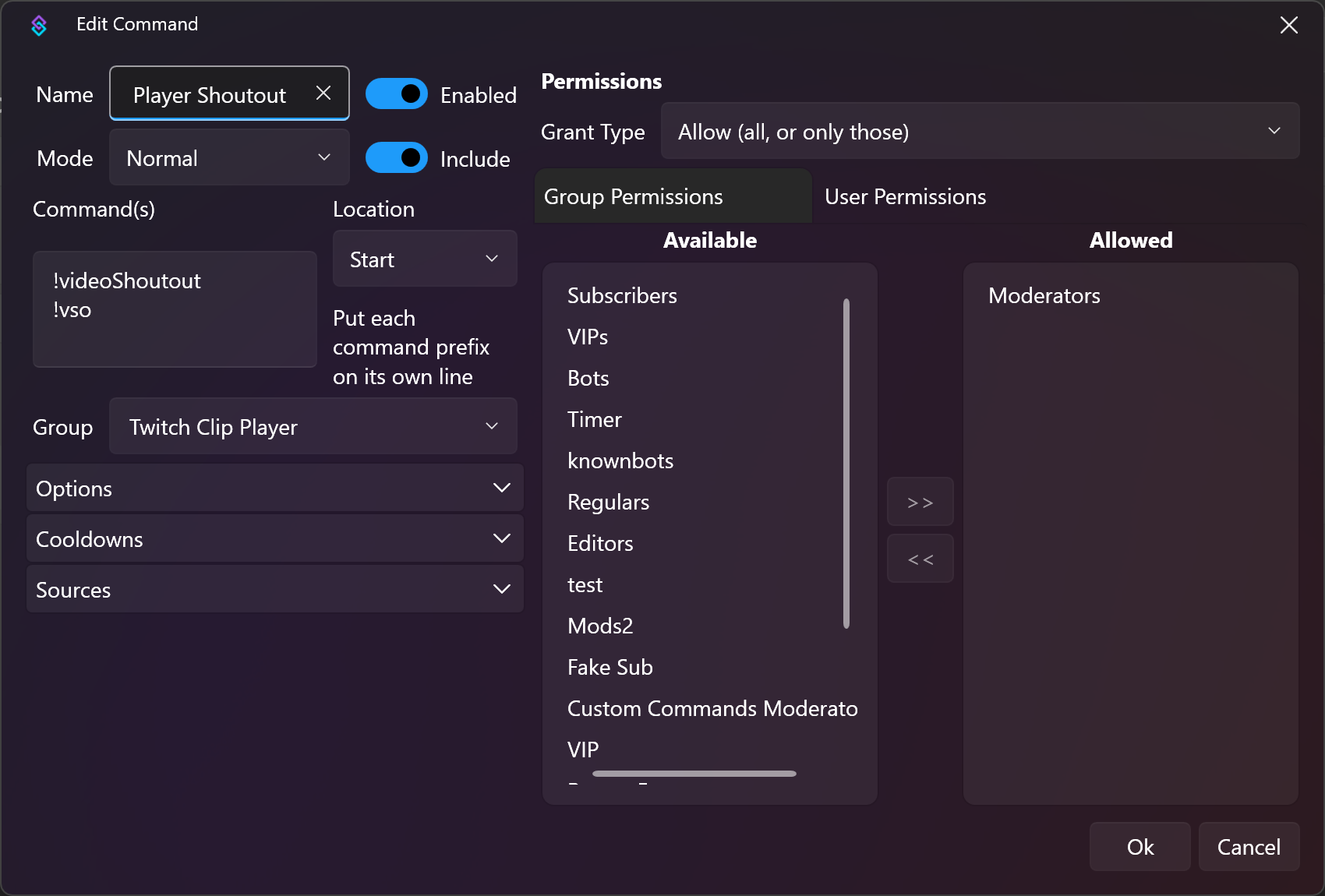 Command permissions for video shoutout command