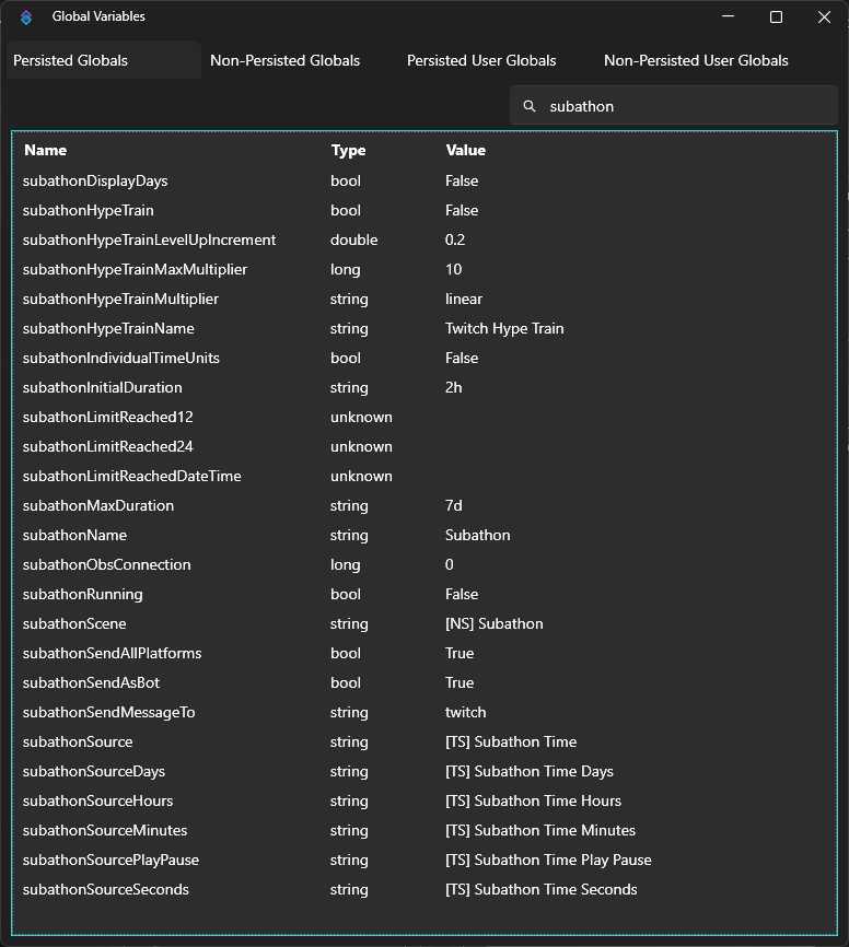 Global Variable window displaying subathon variables1