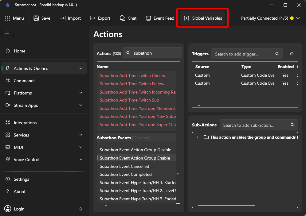 Global Variables button to open Global Variables window