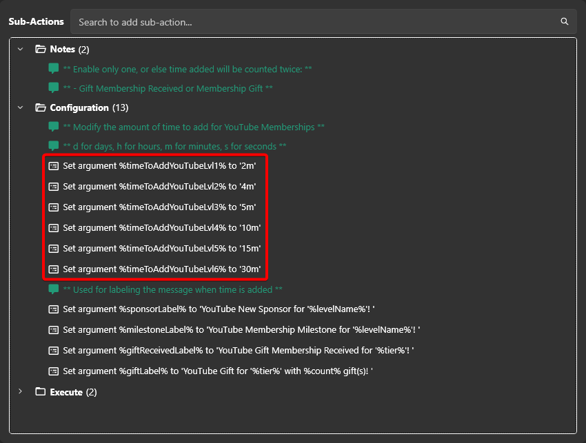 YouTube Membership Add Time Set Argument sub-actions